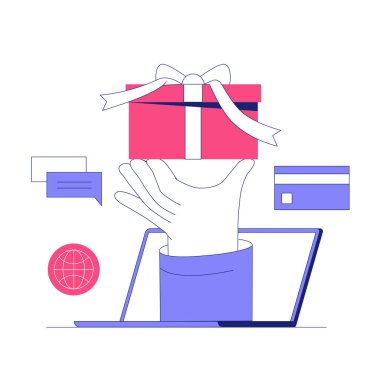 Dizüstü bilgisayardan çıkan bir el, içinde fiyonk olan paketlenmiş bir hediye kutusu tutuyor. Çevrimiçi hediyeleri ve dijital alışverişi sembolize ediyor. Sohbet köpükleri ve yakınlarda bir kredi kartı var..