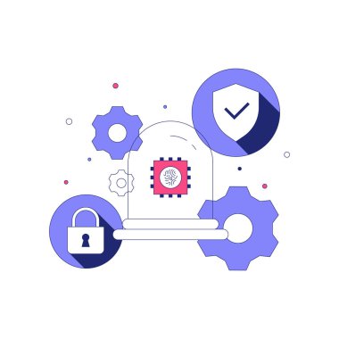 Çevresi dijital ortamda siber güvenlik, teknoloji güvenliği ve çevrimiçi veri gizliliğini simgeleyen çarklar, kilit ve bağlantılarla çevrili bir kalkan..