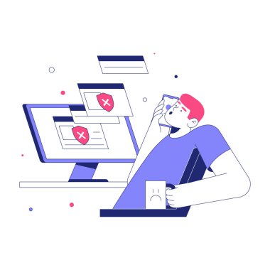 Erkek karakter bilgisayar ekranında hayal kırıklığına uğramış görünüyor. Dolandırıcılık uyarıları, online dolandırıcılık, siber güvenlik riskleri ve dijital tehditleri sembolize ediyor..