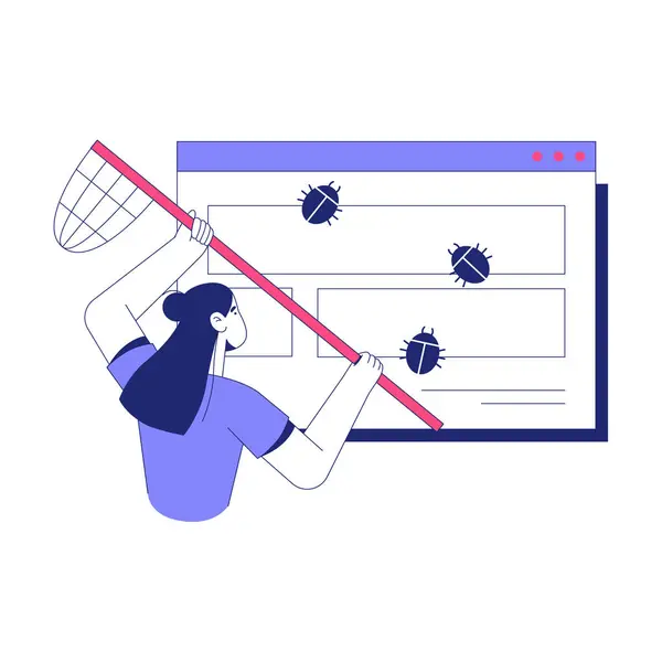 Web sitesi arayüzündeki hataları yakalamak için ağ kullanan kadın karakter hata ayıklamayı, hata çözünürlüğünü ve yazılım bakım kavramlarını sembolize ediyor.