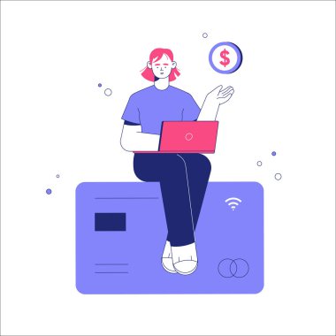 Geniş bir kredi kartında elinde dizüstü bilgisayarla oturan genç bir kadın, çevrimiçi bankacılık, dijital finans ve güvenli mali yönetimi simgeliyor..