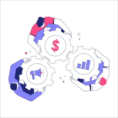 Three characters collaborating with interconnected gears representing finance, marketing, and analytics, symbolizing teamwork, business strategy, and coordination. clipart