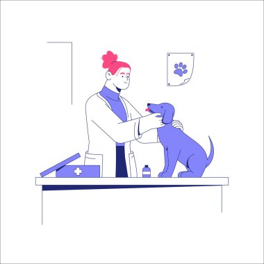 Laboratuvar önlüklü bir kadın veteriner veteriner veteriner masasında oturan bir köpeği muayene ediyor, klinik ortamdaki hayvan ve hayvan sağlığını vurguluyor..