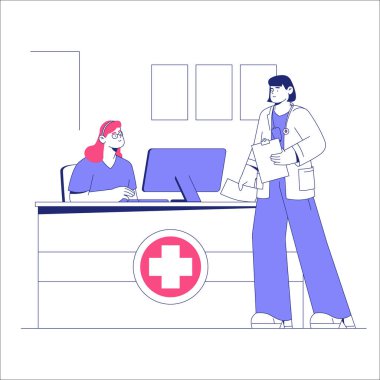 A receptionist and a female doctor reviewing patient records at the hospital front desk, symbolizing healthcare coordination and administrative support. clipart