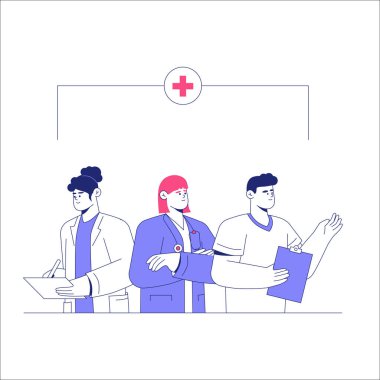 Team of three medical professionals, including a female doctor, a nurse, and a male healthcare worker, standing confidently in a hospital environment. clipart