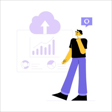 Male character observing a cloud analytics dashboard with data charts, symbolizing cloud computing, data storage, and online collaboration concepts. clipart