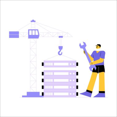 Bir erkek teknisyen vinç ve İngiliz anahtarı kullanarak sunucuları yönetiyor. Teknoloji, mühendislik ve bilişim altyapısını sembolize ediyor..