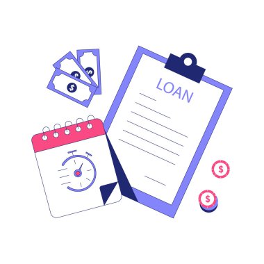 Kredi belgesi olan bir pano, saat simgesi olan bir takvim ve dolar banknotları mali planlamayı, kredi anlaşmalarını ve ödeme zamanlamasını temsil ediyor..