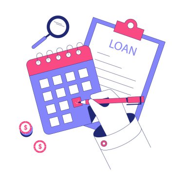 Takvim, büyüteç ve madeni paraların yer aldığı kredi başvuru panosu, mali planlama, borç yönetimi ve bütçe işlemlerinin vurgulanması.