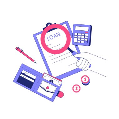 Yanında cüzdan, hesap makinesi ve bozuk paralarla birlikte kredi başvuru formu üzerinde bir büyüteç tutarak kişisel finans ve kredi değerlendirmesini sembolize ediyor..