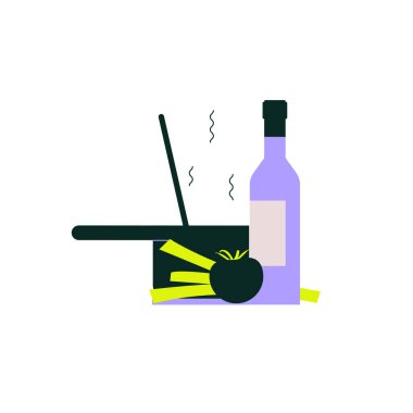 A bottle, a pot with steam rising, a tomato, and pasta are depicted together, representing cooking and food preparation in a minimalist design. clipart