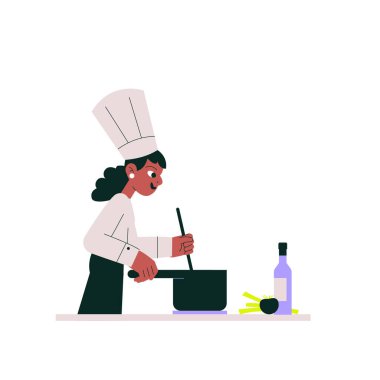 Mutfak tezgahında tencere karıştıran beyaz şapkalı kadın aşçı. Yanında yağ ve sebze gibi malzemeler var. Mutfak sanatlarını ve yemek hazırlıklarını simgeliyor..