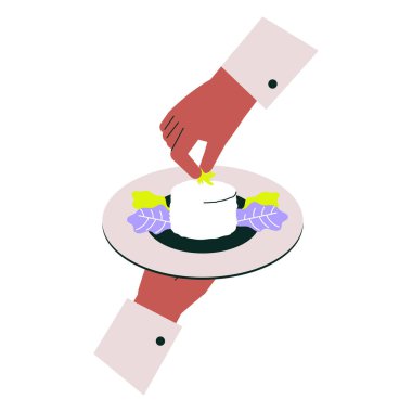 Two hands placing garnishes on a plated dessert with colorful leaves, symbolizing fine dining, culinary presentation, and the art of gastronomy. clipart