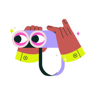 İnsan eliyle tutulan dürbünler, parlak detaylar, gözlem, keşif ve odaklanmayı temsil ediyor. Düz vektör çizimi, beyaz arkaplanda izole.