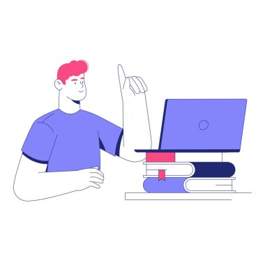 Üst üste dizüstü bilgisayarla oturan erkek öğrenci, modern eğitim ortamında eğitimi, eğitimi ve dijital eğitimi sembolize ediyor..