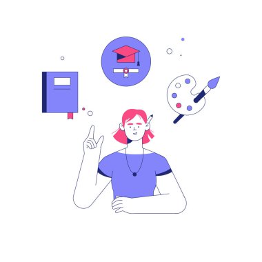 Mezuniyet şapkası, kitap ve paleti, sanat, bilgi ve akademik başarıyı temsil eden yüzen eğitim sembollerine doğru hareket eden genç kadın.