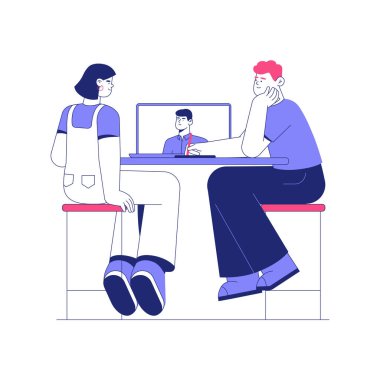 Bir erkek ve kadın öğrenci, bilgisayar başında bir öğretmenle yapılan video görüşmesi sırasında masada oturuyor. İnternette öğrenme ve işbirliği sembolize ediliyor..