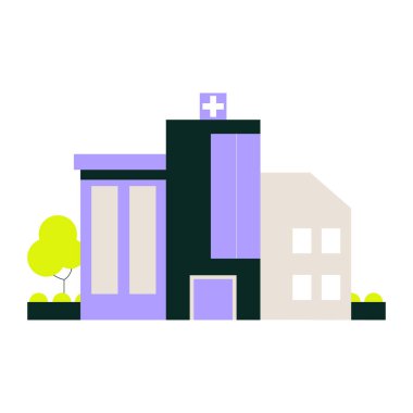 A contemporary hospital building with green and purple details, featuring a cross symbol, trees, and windows, representing medical care facilities and healthcare infrastructure. clipart