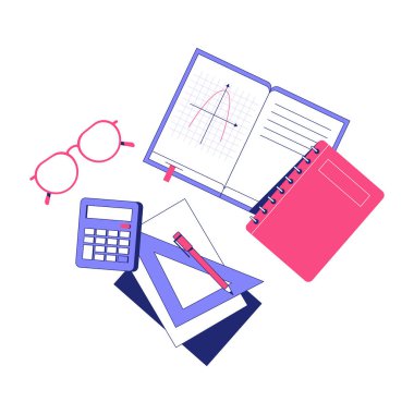 Hesap makinesi, cetvel ve kalemle birlikte matematik ve eğitimi sembolize eden, öğrenim materyalleriyle çevrili, açık bir matematik grafiği gösterir..