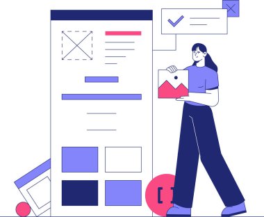 Kadın tasarımcı düzenleme web sitesi ögeleri, bir resim çerçevesi tutmak, yaratıcı iş akışı, web tasarımı ve UI geliştirme sanatını profesyonel bir ortamda sergilemek.