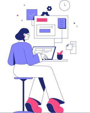 Kodlama araçları, kontrol listesi ve üretkenliği ve programlamayı sembolize eden bir bitki ile çevrili bir masada çalışan bir kadın geliştirici..