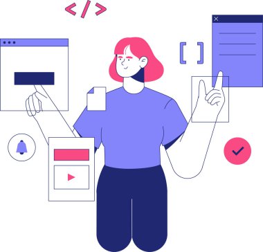 Pencereler, simgeler ve düğmeler gibi dijital arayüz elementleriyle çevrili kadın programcı, yazılım geliştirme ve yenilikçi kodlama kavramlarını temsil ediyor.