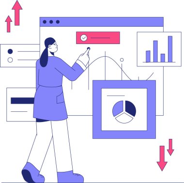 Bir ekranda iş analizlerini inceleyen, grafikler ve performans verileri sunan, stratejiyi, büyümeyi ve etkili planlamayı sembolize eden bir kadın..