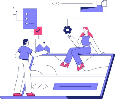 Bir erkek geliştirici, bir dizüstü bilgisayarın üzerinde oturan ve takım çalışmasını ve web gelişimini sembolize eden kodlama arayüzleri ve araçlarıyla çevrili bir kadın geliştiriciye bir resim dosyası verir..