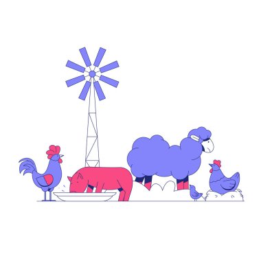 Group of farm animals including a rooster, sheep, pig, and chickens with a windmill in the background, representing rural life and agriculture, isolated. clipart