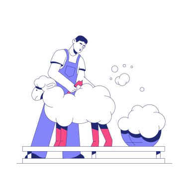 A male farm worker shearing a sheep on a platform, symbolizing livestock care, wool harvesting, and sustainable farming practices. clipart