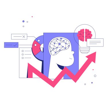 Analitik grafikler, grafikler ve yükselen bir okla çevrili nöral bağlantıları olan insan beyninin soyut tasviri, veri analizini, yeniliği ve problem çözmeyi sembolize ediyor..