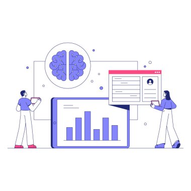 Grafikler, grafikler ve beyin simgeleri içeren, veri analizini, teknolojiyi ve bilgi yönetimini sembolize eden, dijital bir veritabanını analiz eden iki karakter.