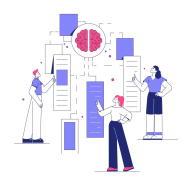 Sinir ağı veri akışı ve beyin ikonu ile etkileşime giren üç karakter, gelecekteki bir bağlamda yapay zekayı, nöral ağları ve takım çalışmasını sembolize eder..