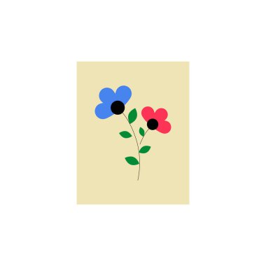 Two flowers with blue and red petals and green leaves arranged on a light yellow background, symbolizing nature, simplicity, and elegance. clipart