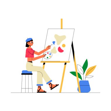 Bir kadın sanatçı, tabureye oturmuş, tuvale soyut tasarımlar çiziyor, yanında sanat aletleri ve bitkiler, yaratıcılığı ve ilhamı simgeliyor..