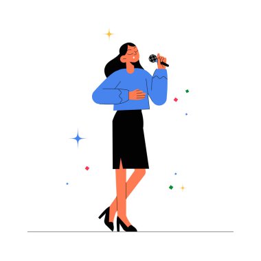 Elinde mikrofon tutan kadın şarkıcı, renkli aksanlı zarif bir şekilde şarkı söylüyor, müziği, performansı ve yaratıcı sanatları sembolize ediyor.