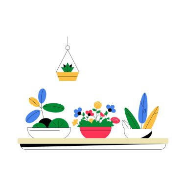 A collection of flower pots with colorful plants displayed on a counter, symbolizing home decor, indoor gardening, and creative floral arrangement. clipart