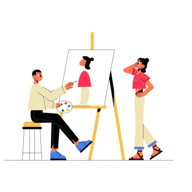 Bir erkek sanatçı, kadın model yakınlardaki bir stüdyoda sanatsal yaratıcılığı ve ilham kaynağını sembolize ederken bir tuvale kadın portresi çiziyor..