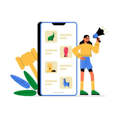 Woman holding a megaphone next to a mobile app displaying an NFT collection, symbolizing NFT promotion, blockchain marketing, and digital innovation. clipart