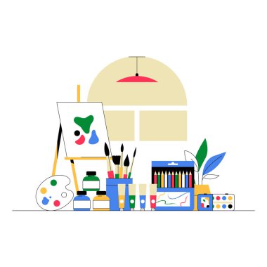 Resim sehpası, boya, fırça ve palet gibi sanat malzemeleri bir stüdyoda sergilenir, yaratıcılığı ve sanatsal ifadeyi simgeler..