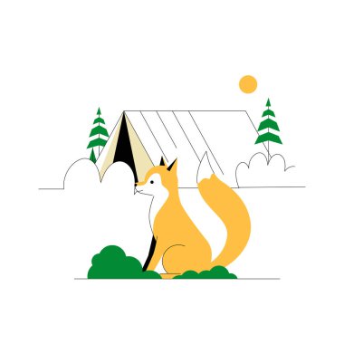 A sitting fox surrounded by a camping tent and trees in an outdoor scene, symbolizing wildlife, adventure, and nature exploration, designed as a flat vector illustration. clipart