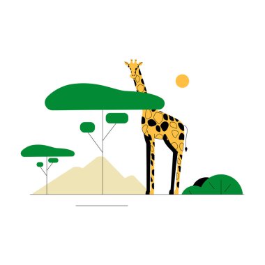 A giraffe standing near green trees with a mountain and sun in the background, symbolizing wildlife, nature, and African landscapes in flat vector style. clipart