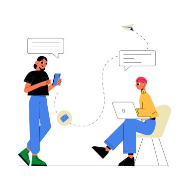 Bir erkek karakter dizüstü bilgisayarla oturuyor ve bir kadın karakter birbirine bağlı dijital bir etkileşimde akıllı telefon mesajlarıyla ayakta duruyor..