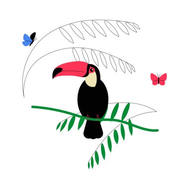 Yeşil yapraklar ve kelebeklerle çevrili bir dala tünemiş bir tukan, tropikal ekolojiyi ve doğadaki canlı yaban hayatını simgeliyor..