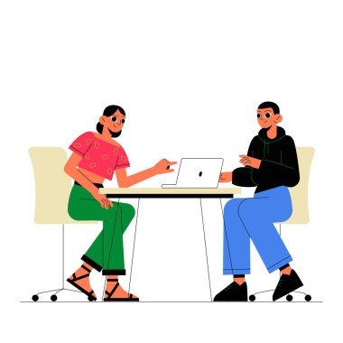 Bir erkek ve kadın karakter, bir dizüstü bilgisayar kullanarak, takım çalışması yaparak ve profesyonel bir ortamda fikirleri tartışarak bir masada iş birliği yaparlar..