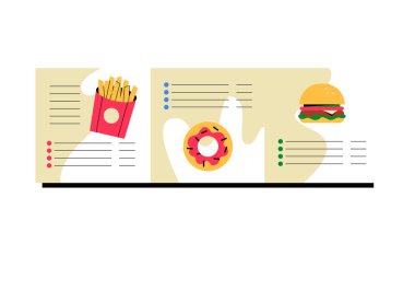 Fast food menu board displaying detailed meal options, including a burger, fries, and a donut, with pricing and highlighted sections for quick customer reference. clipart