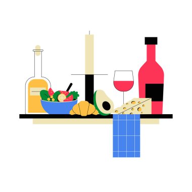 Şarap, avokado, salata ve peynirin yer aldığı yemek masası, gurme mutfağını sembolize eden, zarif yemekler ve beyaz bir arka planda izole edilmiş aşçılık sanatı..