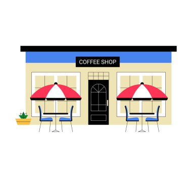 Veranda oturma yerleri, şemsiyeler ve hoş geldin tasarımı olan kafe kültürü, rahatlama ve sosyal etkinliği temsil eden beyaz tenli bir kafe binası..