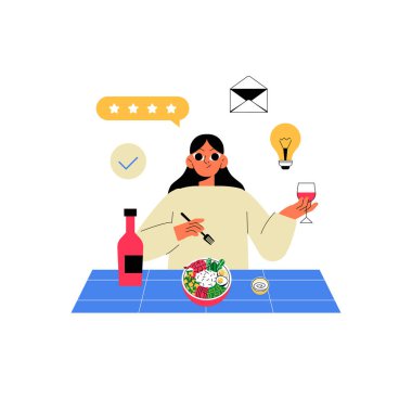 Food critic enjoying a salad and wine at a table, surrounded by symbols like a light bulb, mail, and star rating, symbolizing culinary reviews and inspiration. clipart