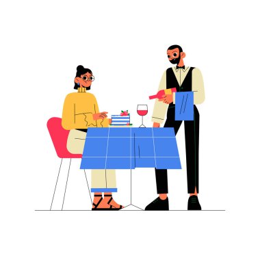 Bir bayan müşteri pasta ile masada otururken bir erkek garson güzel bir yemek, konukseverlik ve restoran ortamında mükemmel bir hizmeti sembolize ediyor..